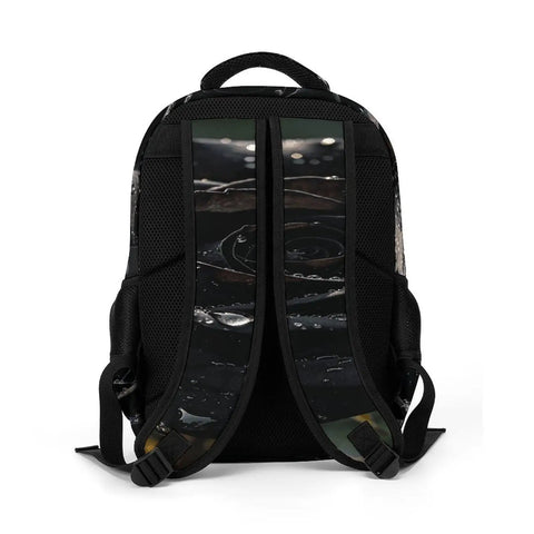 Back view of Dew Rose Print Unisex Backpack with large capacity, durable polyester, breathable design, smooth zipper