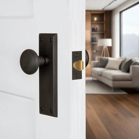 New York Style Door Knob With Plate Classic Round Knob And Long Back Plate For Interior Doors Premium Finish Options In Oil Rubbed Bronze