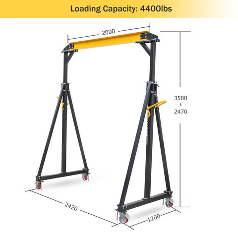 Heavy Duty Portable Gantry Crane 2 Ton 4400 Lb Load Capacity Adjustable Lift Rig Ranging From 97 To 141 Inches Tall dimensions and features.