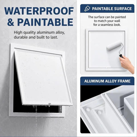 Slick White Attic Access Panel Door For Drywall With Zero Fuss Install Sturdy Aluminum Frame Galvanized Steel Heavy Duty Wall Access Cover Built Tough And Smooth Glide, waterproof and paintable.