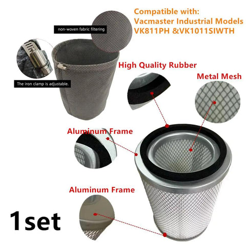 HEPA Cartridge Vacuum Filter And Pre-Filter With Clamp For Vacmaster Industrial VK811PH VK1011SIWTH, showing components.