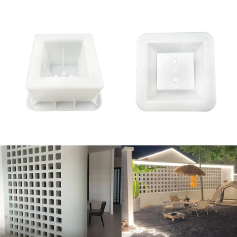Concrete Brick Molds For DIY Projects Reusable ABS Plastic Square Hollow Block Molds For Garden Walls Pathways Edging And Planters Cement Blocks For Construction And Landscaping, showing front and top view of white ABS molds