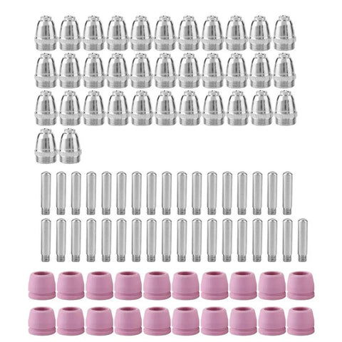 Jiawu Plasma Cutter Consumables Kit With 90 Pieces Featuring 35 Electrodes 35 Nozzles Plus 20 Ceramic Cups For Durable Replacement Parts And Smooth Cutting Performance On Heavy Duty Projects comprising metallic nozzles and ceramic cups.