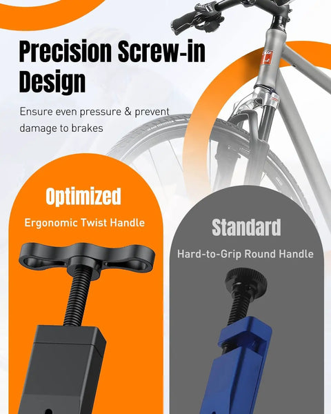 Screw-in handle comparison for bike disc brake pad spreader tool, optimized ergonomic twist handle vs standard round handle