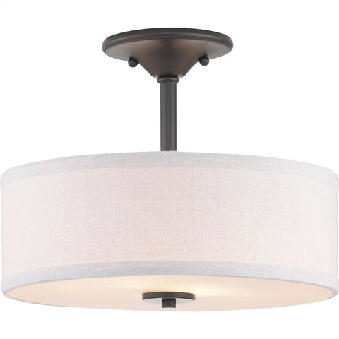 Two-Light Semi-Flush Ceiling Light in Black Finish from Inspire Collection with Summer Linen shade and etched glass diffuser