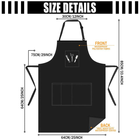 Size details of 4 Piece Waterproof Hair Stylist Apron Set With 4 Pockets Black 33X25 Inch Salon Aprons for Hairdressers and Cosmetologists