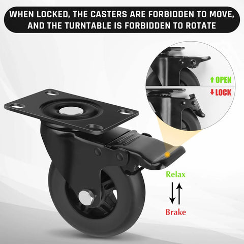 Heavy Duty 4 Inch Locking Swivel Caster Wheels Set Of Four Solid Rubber Furniture Cart Casters Loaded Up Without Breaking A Sweat Roll Like Butter 2200 Lbs Max Payload showing lock mechanism and wheel details