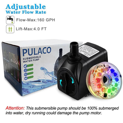 160GPH Submersible Fountain Pump with Auto Color Changing LED Light and packaging