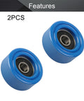 Top Shelf Blue Polyurethane Roller Idler Pulley Wheel Loaded With Tough 608RS Ball Bearings For Silky Smooth Sliding Doors And Heavy Duty Furniture Hardware Two Pack, two blue wheels with bearings.