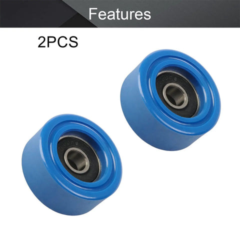 Top Shelf Blue Polyurethane Roller Idler Pulley Wheel Loaded With Tough 608RS Ball Bearings For Silky Smooth Sliding Doors And Heavy Duty Furniture Hardware Two Pack, two blue wheels with bearings.