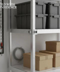 Chrome Plated Steel Square Tubing Connector Slip Fit Joint for Easy No Weld Shelving shown in industrial shelving setup.
