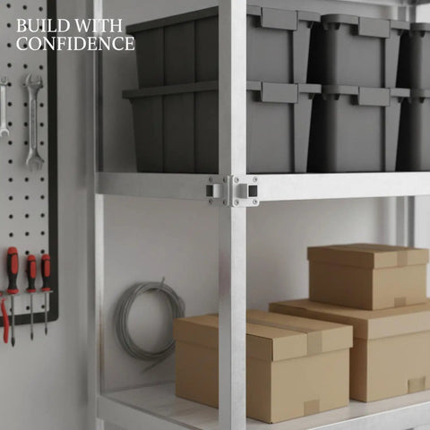 Chrome Plated Steel Square Tubing Connector Slip Fit Joint for Easy No Weld Shelving shown in industrial shelving setup.