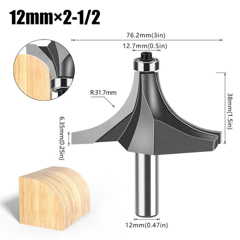 12Mm Shank Tungsten Carbide Corner Round Over Router Bit With Bearing For Precision Woodworking Edge Profiling, 76.2mm size