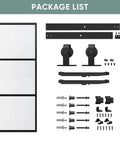 Clear Tempered Glass Barn Door 28 Inch By 84 Inch With Carbon Steel Frame Pre Drilled For Easy Assembly Including 5 Foot Hardware Kit And Soft Close System For Smooth Sliding And Modern Interior Spaces package list showing door and hardware components