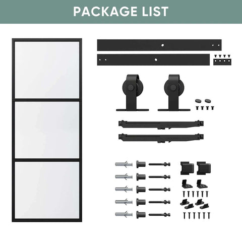 Clear Tempered Glass Barn Door 28 Inch By 84 Inch With Carbon Steel Frame Pre Drilled For Easy Assembly Including 5 Foot Hardware Kit And Soft Close System For Smooth Sliding And Modern Interior Spaces package list showing door and hardware components