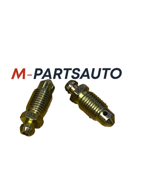 Disc brake caliper bleeder screws from M-PARTSAUTO, brass; two pieces shown