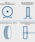 200mm grinding stone specifications for Heavy Duty Workhorse 150W Water Cooled Bench Sharpener with 12mm attachment.