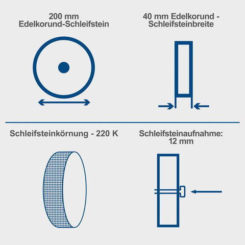 200mm grinding stone specifications for Heavy Duty Workhorse 150W Water Cooled Bench Sharpener with 12mm attachment.