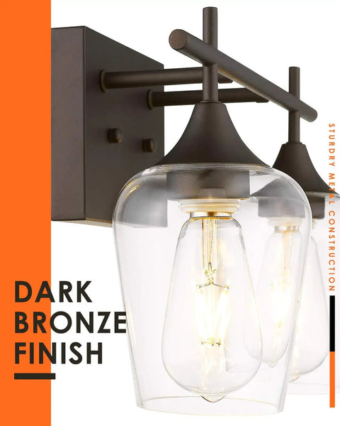 Oil Rubbed Bronze Two Light Bathroom Vanity Fixture Over Mirror With Clear Glass Shades, Farmhouse Style Wall Sconce Lighting