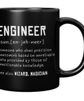 Engineer Definition Ceramic Mug 11 Oz Black Funny Gift For Engineering Students And Pros with humorous text about engineers.