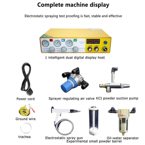 Complete machine display of Dual Digital Display Electrostatic Powder Sprayer 35 Watt Portable Paint Spray Kit with components.