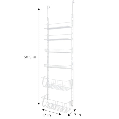 Over The Door Pantry Organizer Rack With Six Adjustable Shelves, Hanging or Wall Mount, dimensions 58.5x17x7 inches