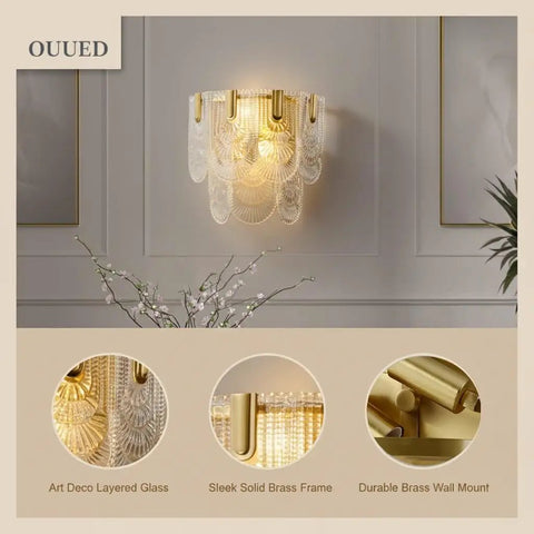 Wall Sconce Lights Indoor Bedroom Hallway Modern Art,Gold Brass,Layered Clear Textured Shell Glass Shade,s,for Living Room,Foyer, showcasing elegant design with art deco glass.