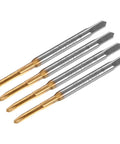 Four Pack M2x0.4mm Metric Thread Taps With Titanium Coated HSS Steel 44mm Straight Flute Right Hand Design, displaying smooth finish.