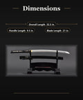 Wakizashi Iaito Unsharpened Aluminum Alloy Practice Sword For Iaido Training, 21 Inch Blade With Bo Hi, dimensions displayed.
