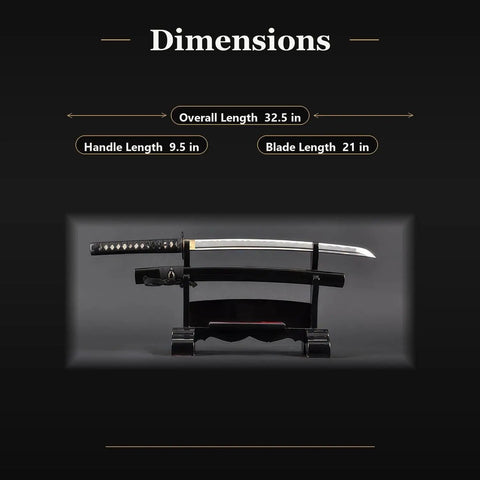 Wakizashi Iaito Unsharpened Aluminum Alloy Practice Sword For Iaido Training, 21 Inch Blade With Bo Hi, dimensions displayed.