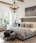 21-Inch Farmhouse Chandelier With 6-Light Rustic Wood Light Fixture in bedroom, warm brown finish, ceiling mounted