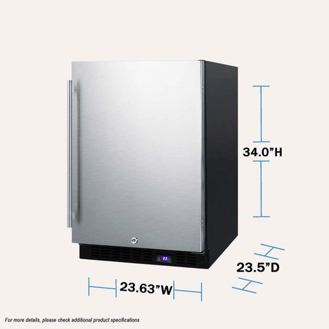 Hella Solid 24 Inch Built In Outdoor All Freezer Featuring True Frost Free Forced Air Cooling Slick Black Cabinet dimensions with height, width, depth.