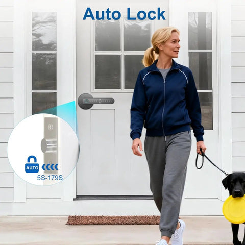 Woman walking dog outside door featuring Smart Fingerprint Door Lock With 5 Ways To Unlock, Anti Peep Code, Adjustable Auto Lock.