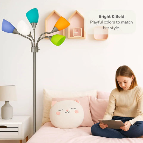 Medusa Adjustable Floor Lamp for Bedroom With Five Multi Colored Acrylic Shades Gooseneck Standing Reading Lamp Modern Metal Floor Light in Silver Finish in cozy bedroom setting.