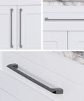 Gun Metal 10 Inch Center Cabinet Handles 10 Pack Solid Stainless Metal Drawer Pulls For Kitchen Bathroom Home Decor Durable Modern Hardware Etna Collection mounted on white cabinets