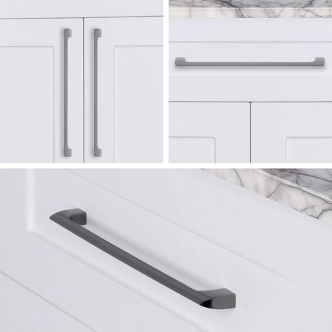Gun Metal 10 Inch Center Cabinet Handles 10 Pack Solid Stainless Metal Drawer Pulls For Kitchen Bathroom Home Decor Durable Modern Hardware Etna Collection mounted on white cabinets