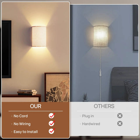 Image comparing Magnetic Battery Operated RGB Wall Sconce Set Of 2 with Dimmable Remote and a wired wall sconce.