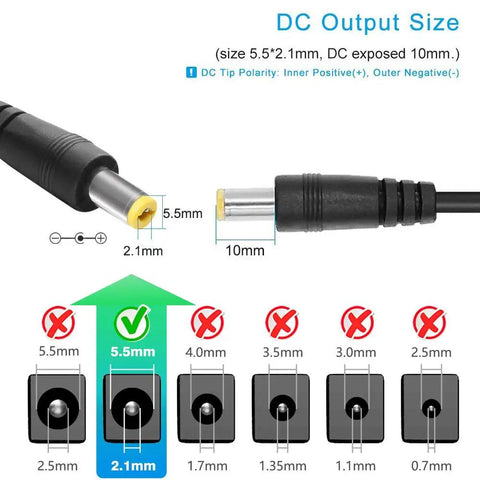 Diagram showing DC output size of 12V 2A Power Supply Adapter 120V AC To DC 12V 5.5x2.1mm Barrel Plug 24W Transformer