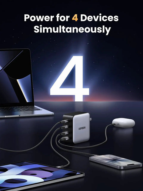 GaN 100W USB C Charger With Four Ports, Ultra Compact Foldable Power Adapter For Laptops and Phones On the Go, Fast 100W Charging For MacBook Pro and Air, iPad Pro, iPhone 17 16 15 Series, Galaxy S25 S24, Pixel 10 9, Steam Deck, Pixelbook; 4-device charging setup