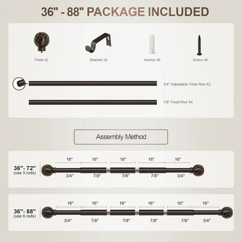 Assembly guide for Bronze Curtain Rods for Windows Adjustable 48 to 84 Inches Heavy Duty Diameter Seven Eighths Inch Brown Finish.