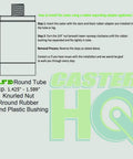 Installation guide for Heavy Duty Four Inch Caster Wheels With Quick Click Total Locking Brakes Fitting One Point Five Inch ID Leg Pipe.