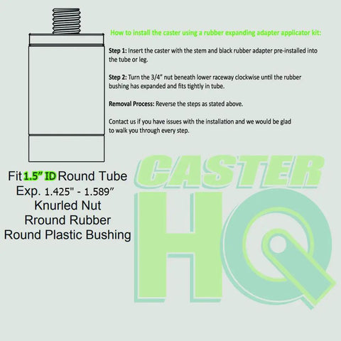 Installation guide for Heavy Duty Four Inch Caster Wheels With Quick Click Total Locking Brakes Fitting One Point Five Inch ID Leg Pipe.