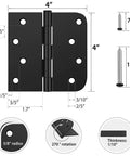 Diagram of 3 Pack Black Exterior Door Hinges 4 Inch with Five Eighth Inch Radius Removable Pin showing dimensions and screws