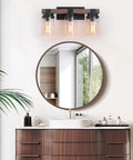 3 Light Farmhouse Vanity Light For Bathroom Over Mirror With Faux Wood Grain Finish Rustic Metal Wall Sconce Indoor Moisture Resistant Bath Vanity Fixture above round mirror and sink