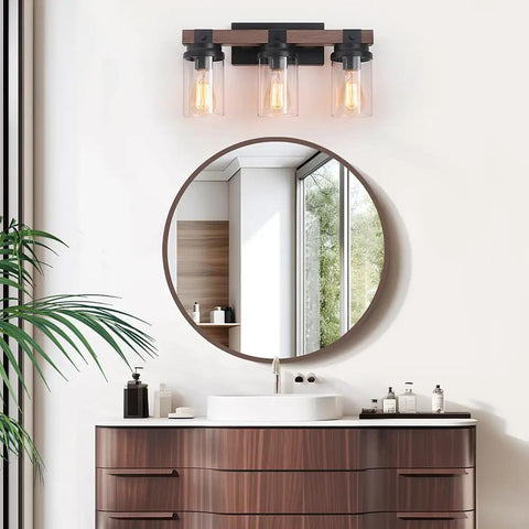 3 Light Farmhouse Vanity Light For Bathroom Over Mirror With Faux Wood Grain Finish Rustic Metal Wall Sconce Indoor Moisture Resistant Bath Vanity Fixture above round mirror and sink