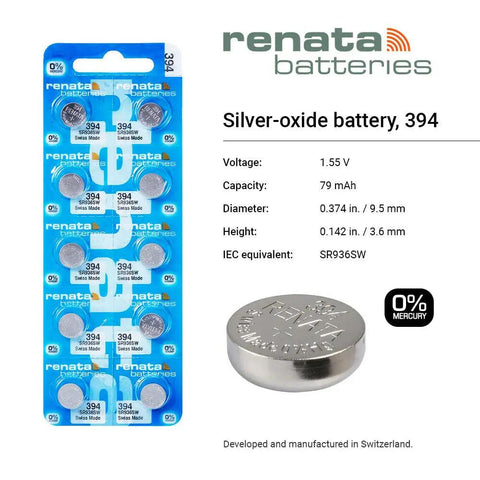Top Shelf Silver Oxide Watch Battery 394 SR936SW 1.55 Volt Swiss Made in a pack, ideal for smartwatches and calculators.