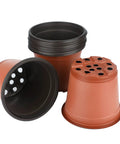 Stack of six inch plastic plant pots, 50 pack with drainage holes for seed starting, nursery use, and transplanting.