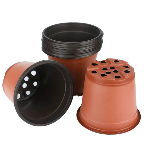 Stack of six inch plastic plant pots, 50 pack with drainage holes for seed starting, nursery use, and transplanting.