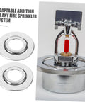 Straight Up Sharp Set 5 Pack Decorative Fire Sprinkler Cover Plates with flat stainless covers, showcasing nozzle and plates.