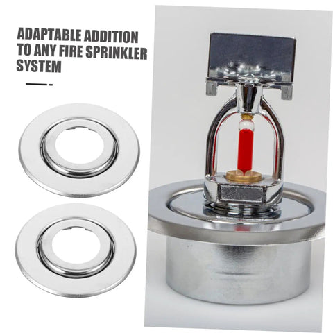 Straight Up Sharp Set 5 Pack Decorative Fire Sprinkler Cover Plates with flat stainless covers, showcasing nozzle and plates.